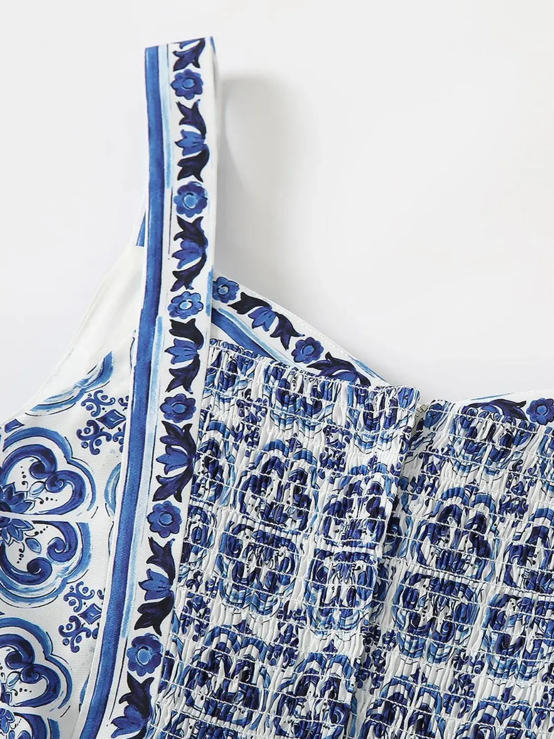 Smocked Blue Tile Print Wide Strap Midi Dress - Be Bliss Boutique