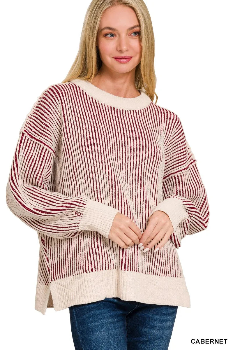 Zenana Two Tone Crewneck Sweater - Be Bliss Boutique