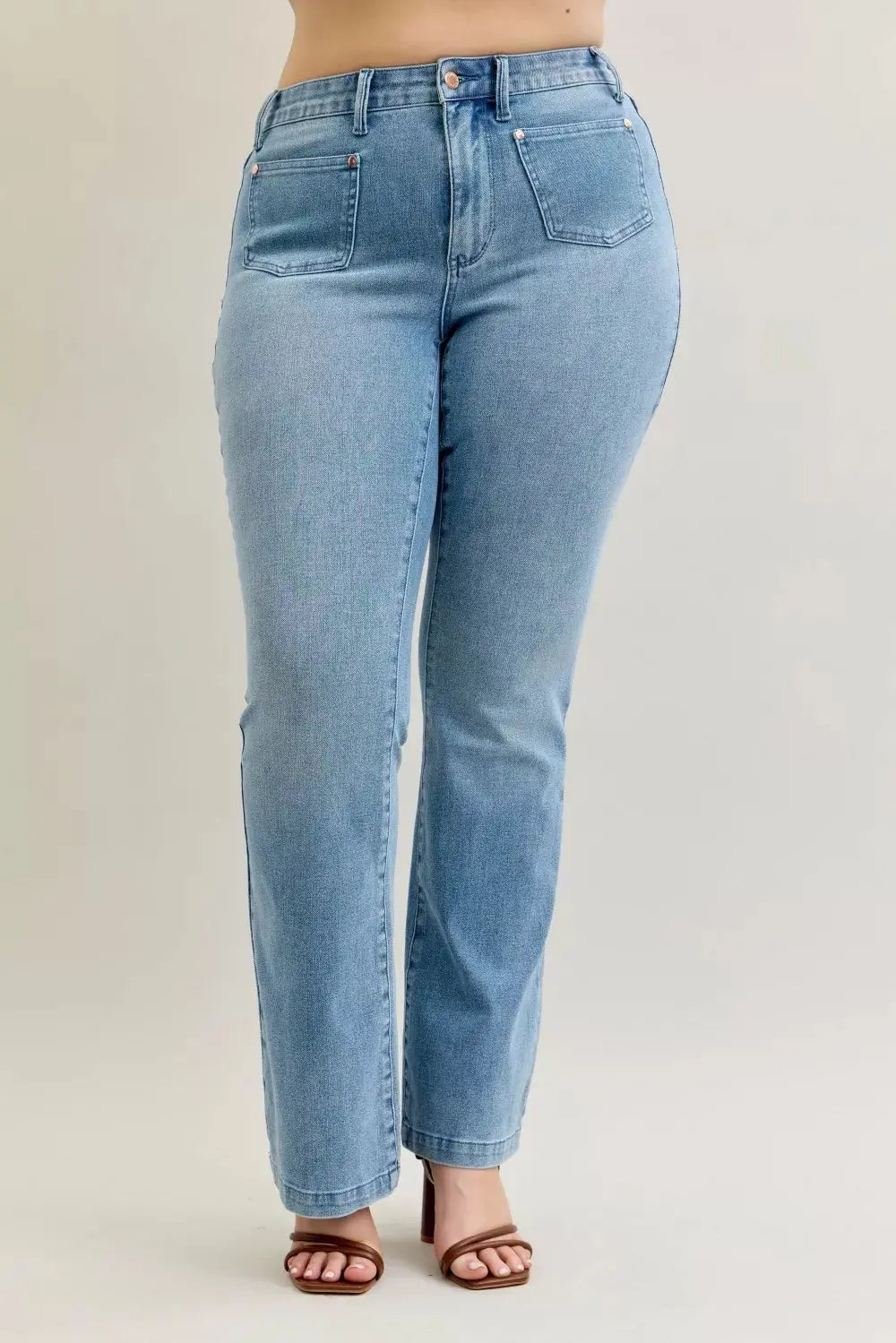 Judy Blue Jeans - Full Size Mid Rise Bootcut Jeans with Contrast Wash & Front Patch Pockets - Be Bliss Boutique