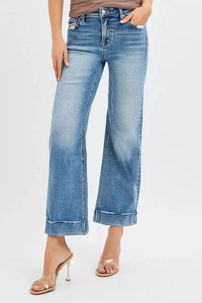 RISEN Jeans - Full Size Mid Rise Crop Straight Jeans with Taylor Cuffed Jeans - Be Bliss Boutique