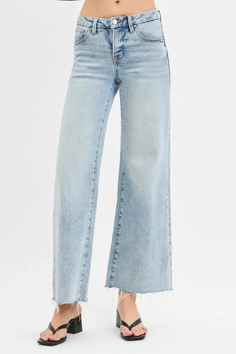 Full Size Tummy Control Low Rise Wide Leg Raw Cut Hem RISEN Jeans - Be Bliss Boutique