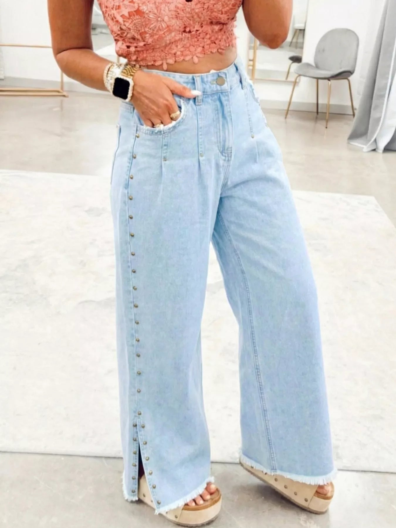Studded Side Slit Leg Pocketed Frayed Wide Leg Jeans - Be Bliss Boutique