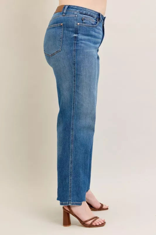 Judy Blue Full Size High Waist Tummy Control Chew Hem Destroy Wide Jeans Plus Size - Be Bliss Boutique