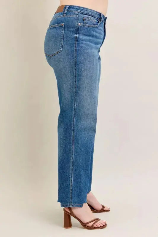 Judy Blue Full Size High Waist Tummy Control Destroy Wide Leg Jeans with Chew Hem - Be Bliss Boutique