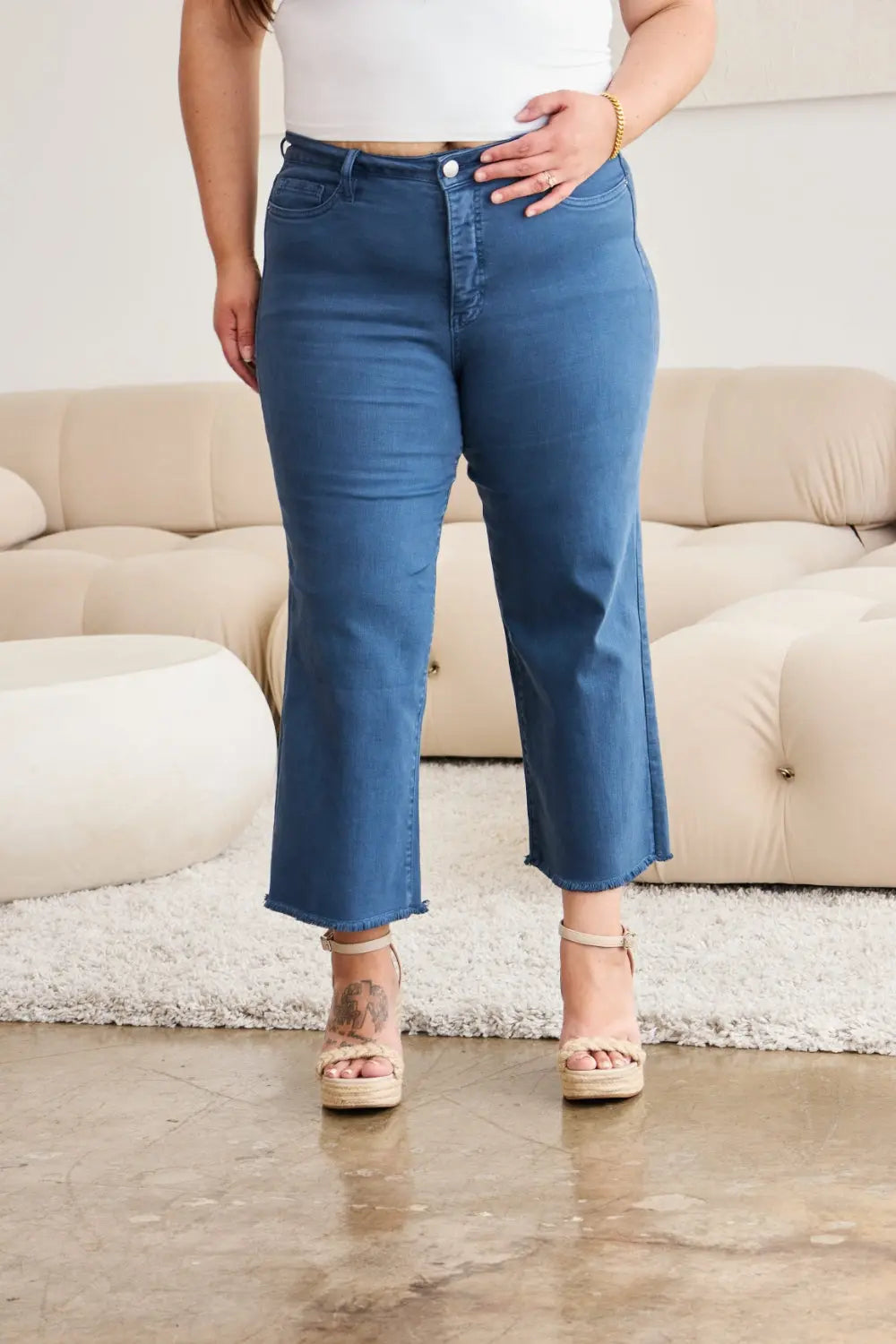 RFM Crop Full Size Tummy Control High Waist Raw Hem Jeans - Be Bliss Boutique