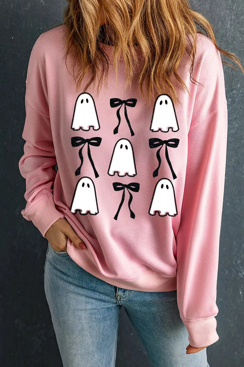 Ghost & Bow Round Neck Halloween Long Sleeve Womens Sweatshirt - Be Bliss Boutique