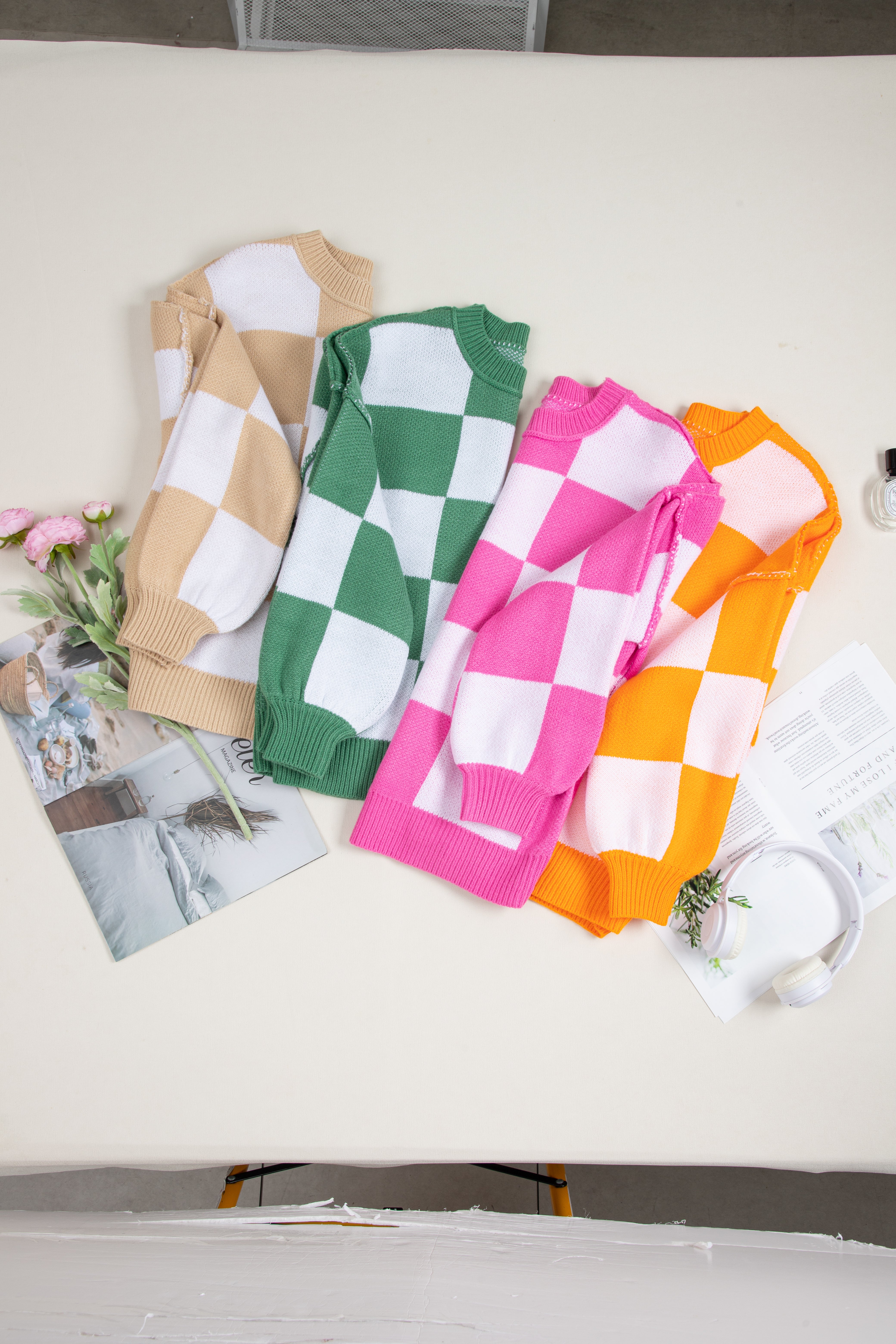 Checkered Bishop Sleeve Sweater - Be Bliss Boutique