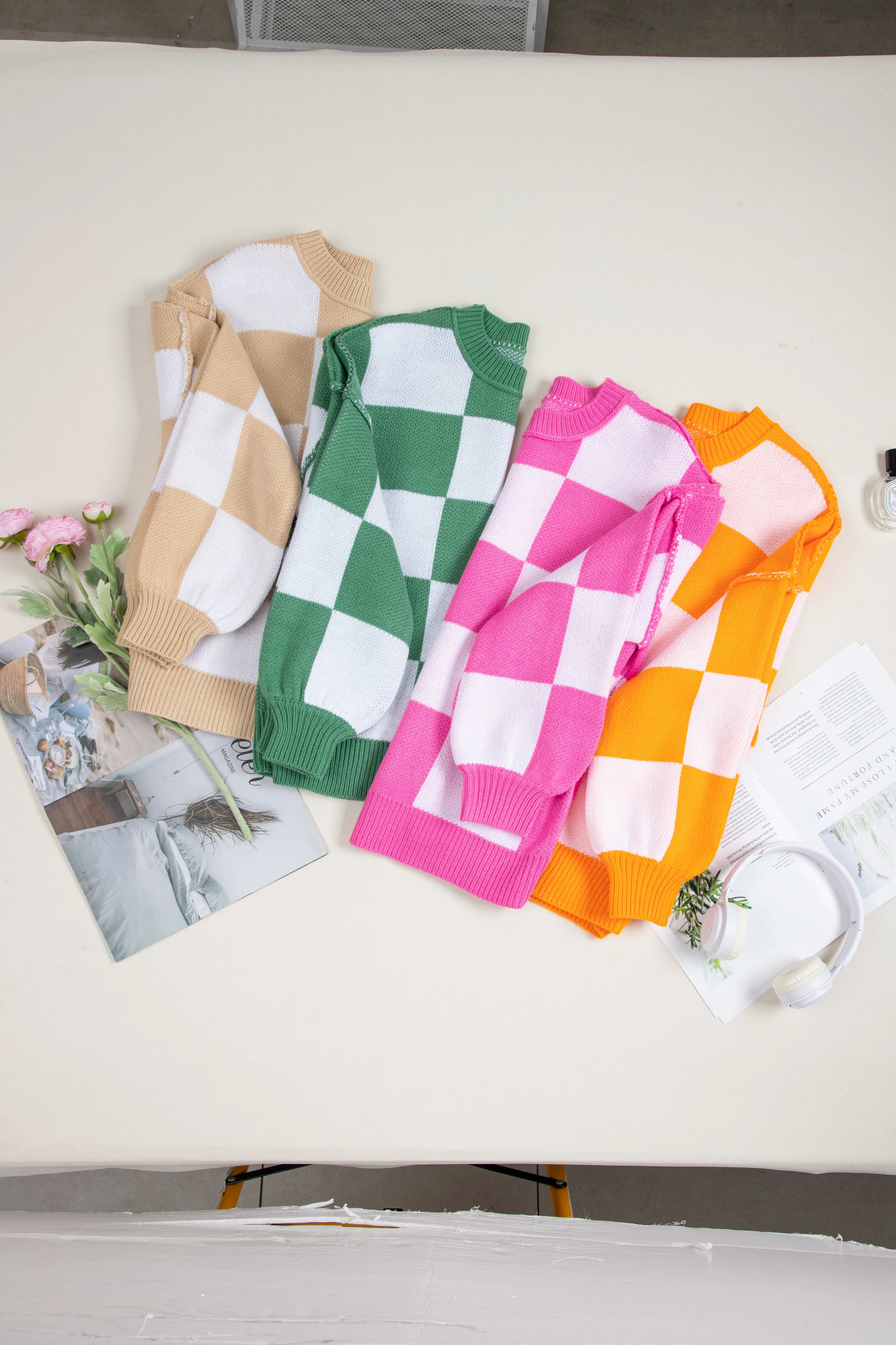 Checkered Bishop Sleeve Sweater - Be Bliss Boutique