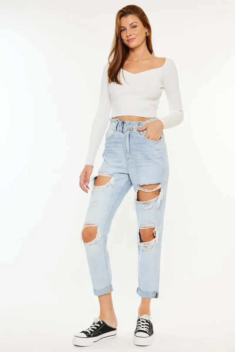 Open Pack Paperbag Distressed Kancan Mom Jeans - Be Bliss Boutique