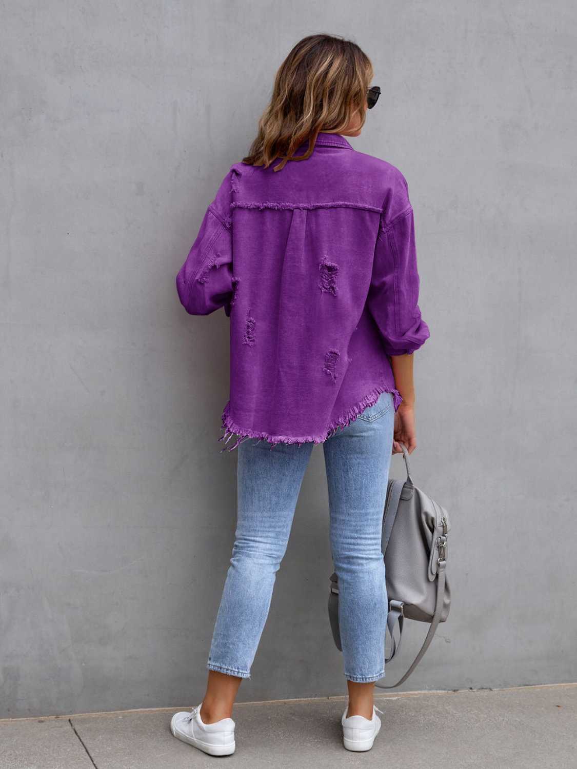 Distressed Drop Shoulder Denim Jacket - Be Bliss Boutique