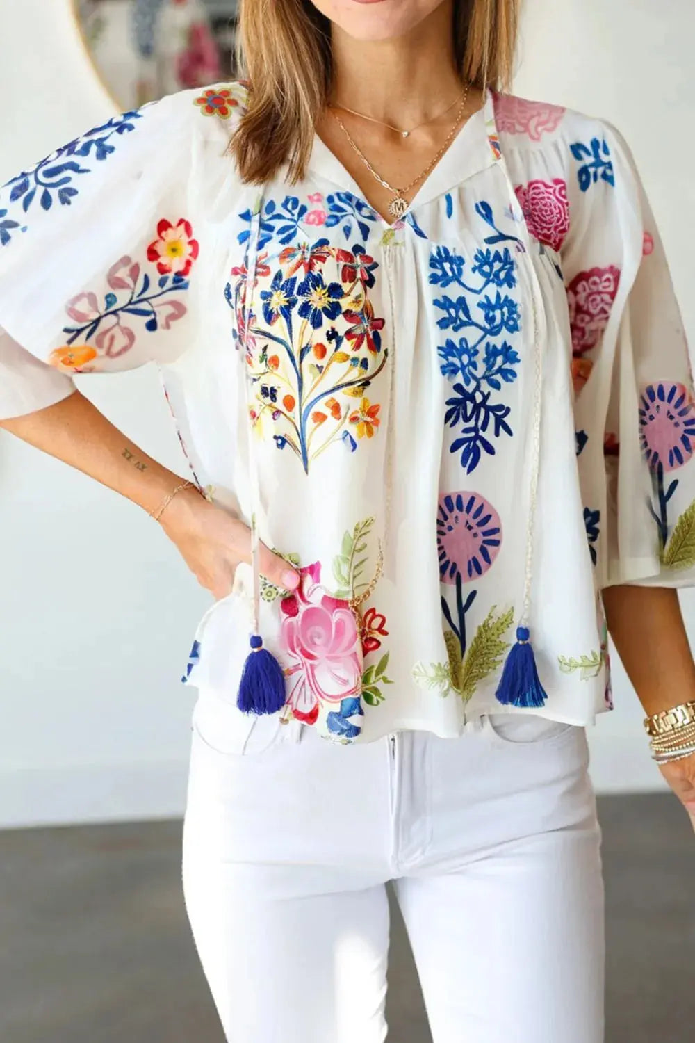 Bloom Printed 3/4 Sleeve Tie Neck Tassel Boho Blouse - Be Bliss Boutique