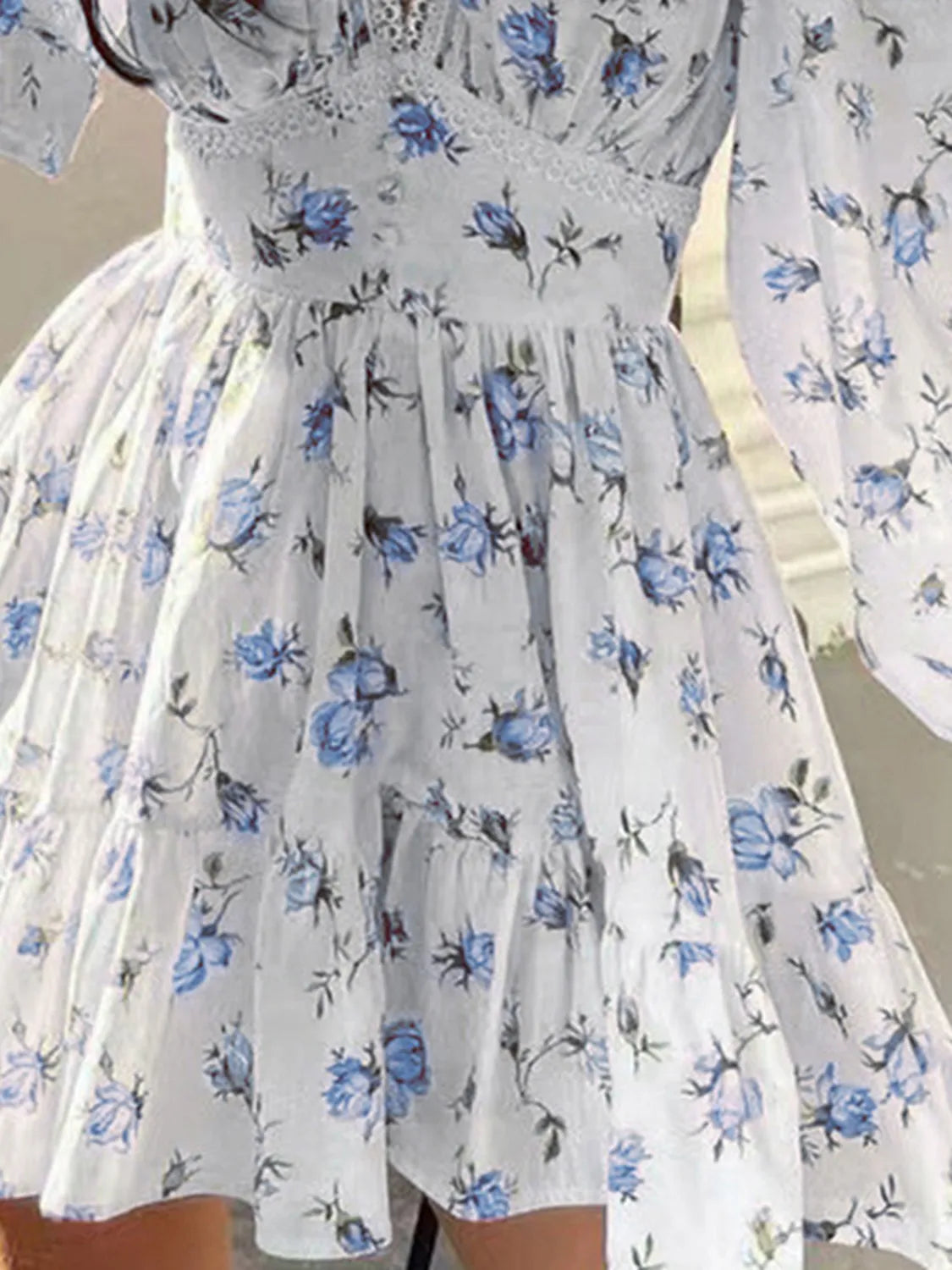 Lace Detail V-Neck Balloon Sleeve Dress - Be Bliss Boutique