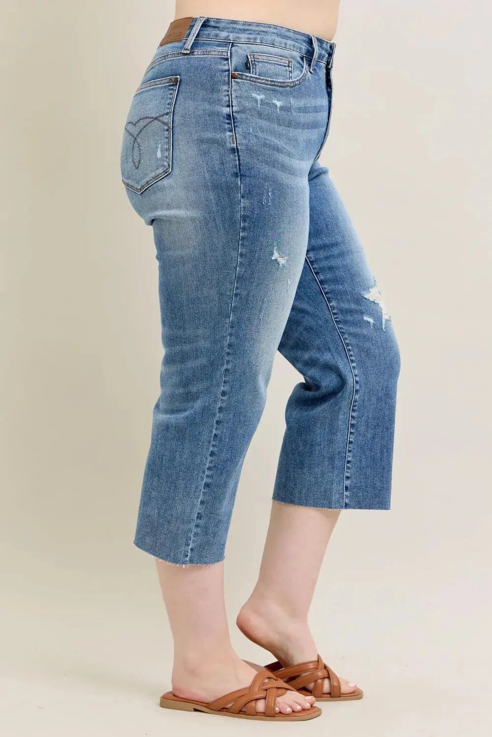 Plus Size High Waist Back Destroy & Raw Cut Hem Crop Wide Leg Judy Blue Jeans - Be Bliss Boutique