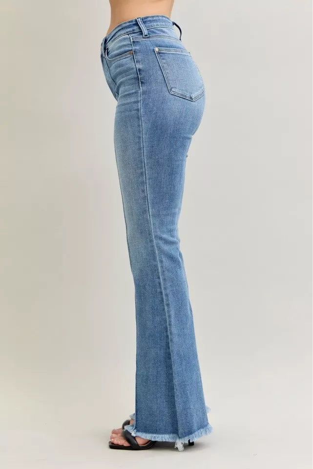 Judy Blue Jeans - High Waist Flare Fray Hem Jeans with Front Pintuck Detail - Be Bliss Boutique