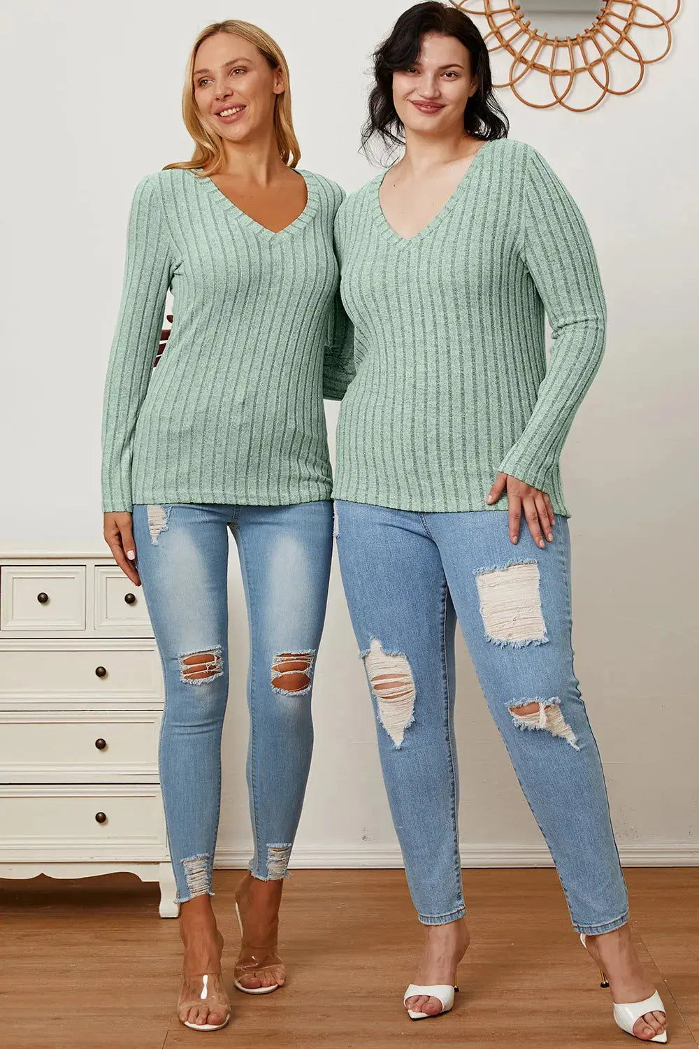 Basic Bae Full Size Ribbed V-Neck Long Sleeve T Shirt for Women - Be Bliss Boutique