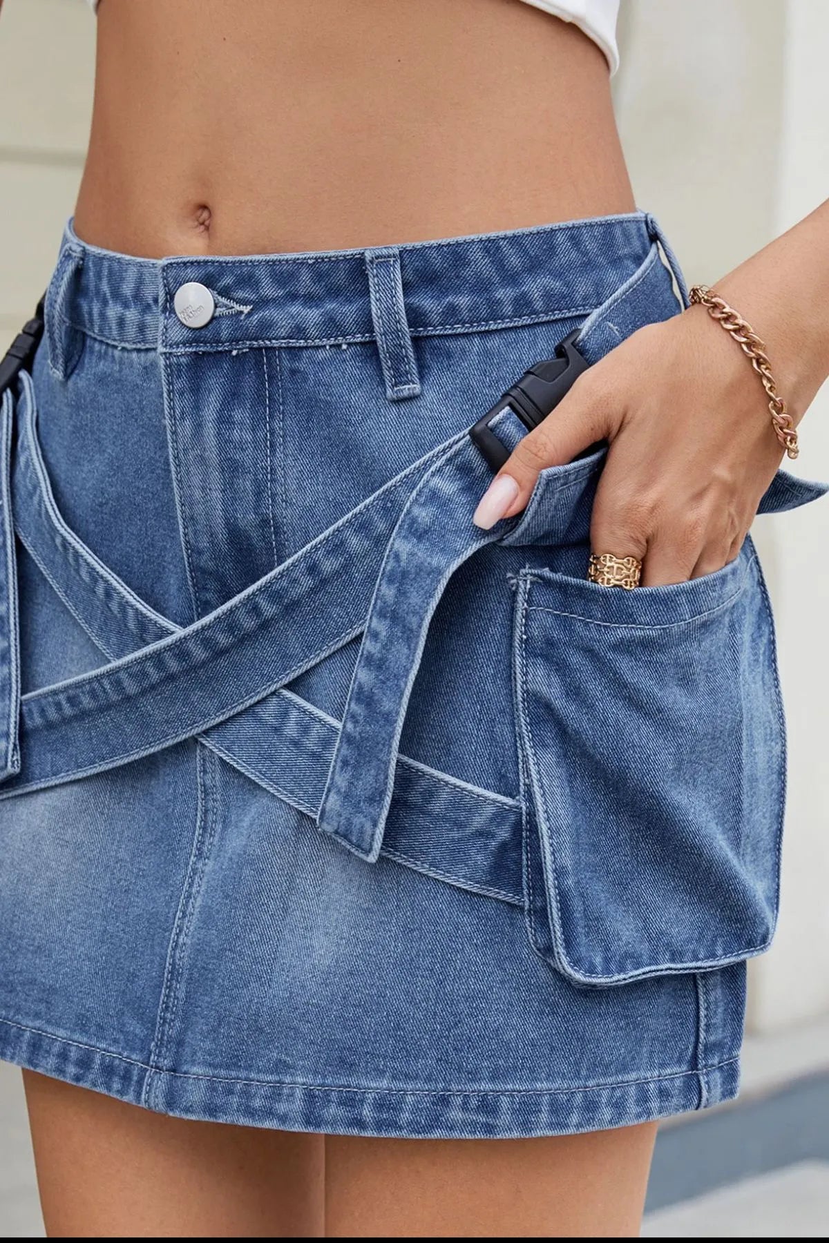 Criss-Cross Waist Pocketed Denim Mini Skirt - Be Bliss Boutique