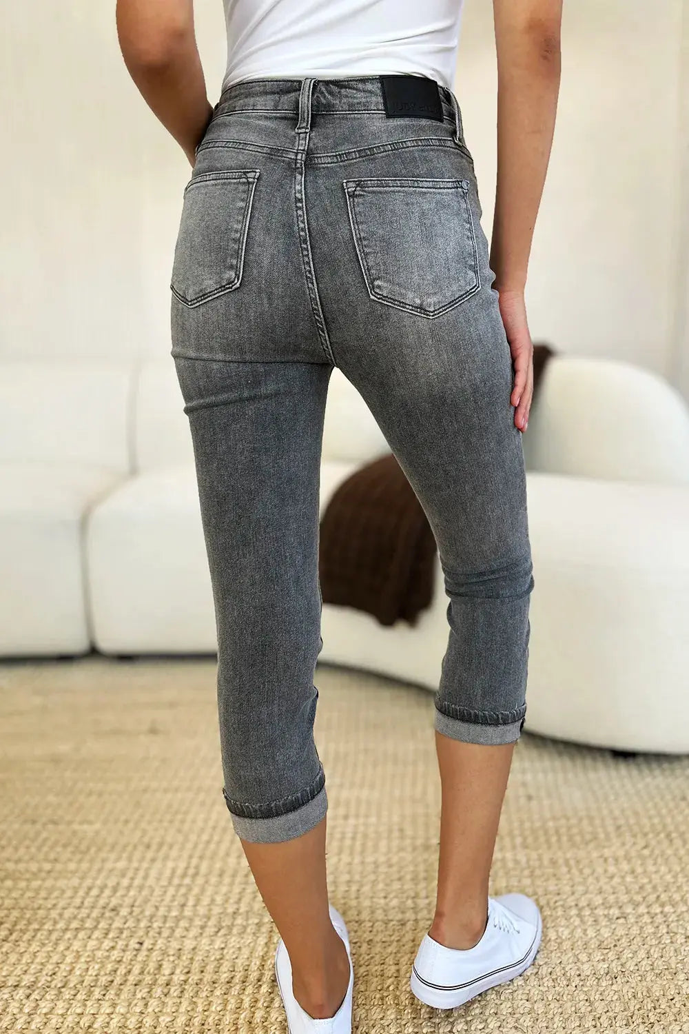 Judy Blue Jeans - Full Size Button Fly High Waist Cuffed Capris - Be Bliss Boutique