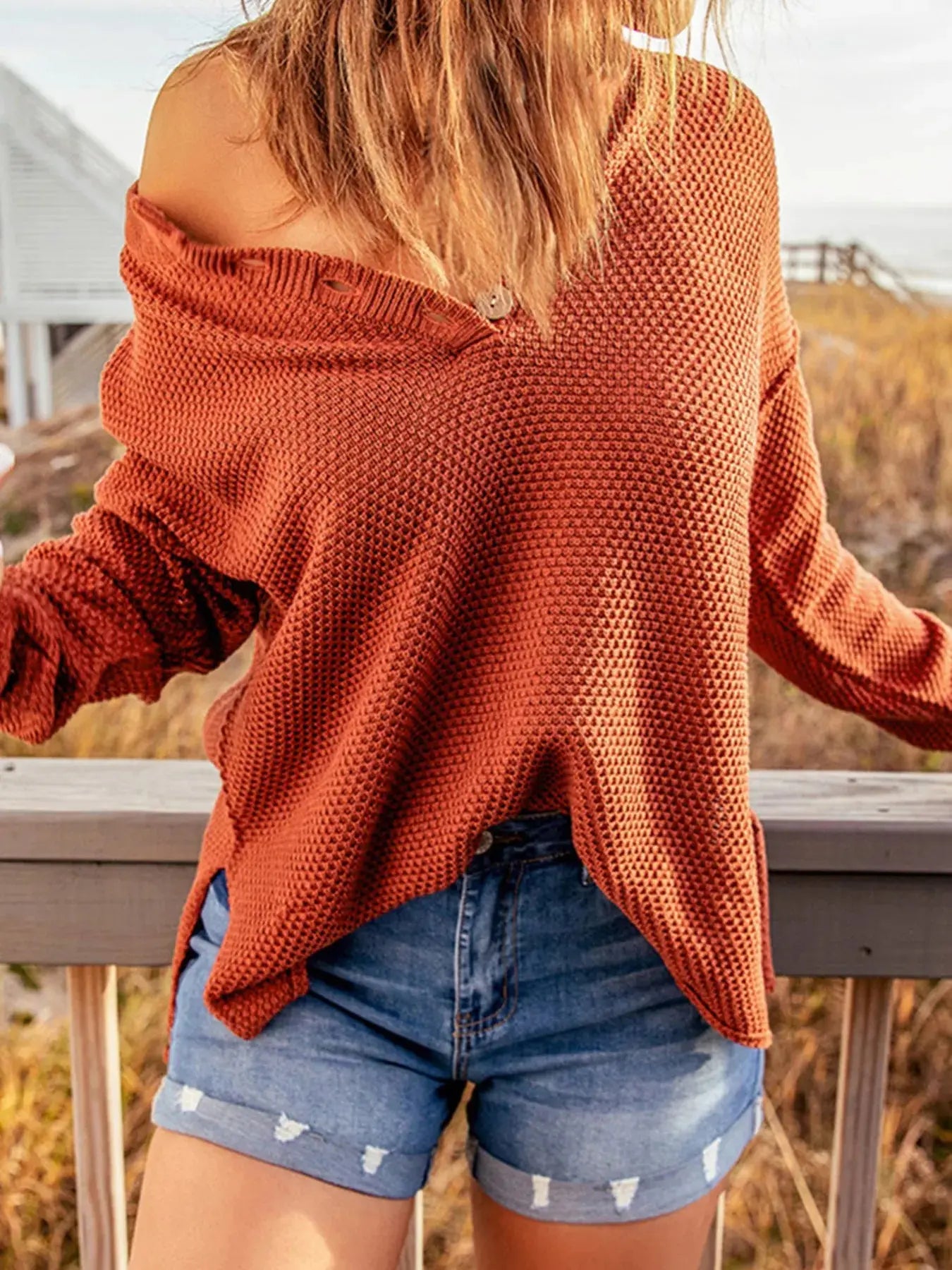 Waffle-Knit Button Detail Long Sleeve Knit Top - Be Bliss Boutique