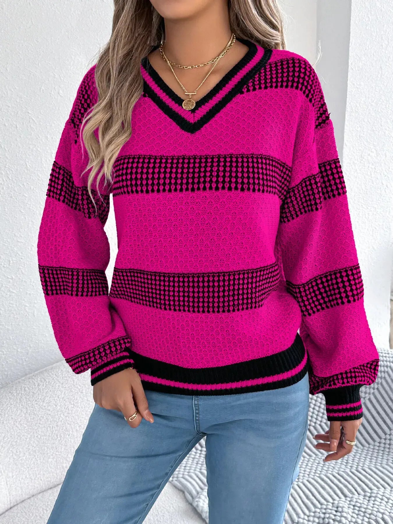 Contrast Striped V Neck Sweater - Be Bliss Boutique