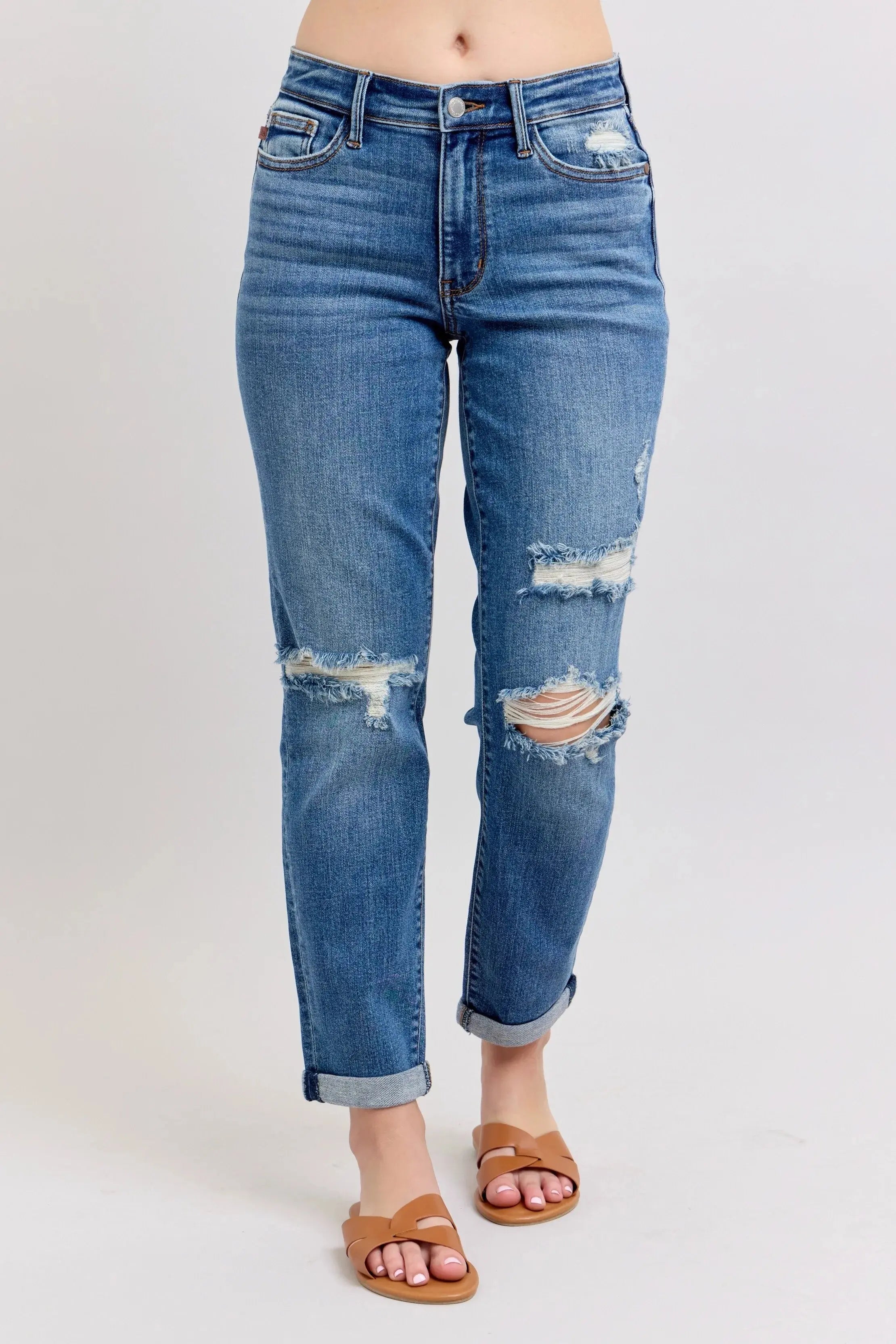 Full Size Mr Vintage Wash Boyfriend Fit w/ Destroy Judy Blue Jeans - Be Bliss Boutique