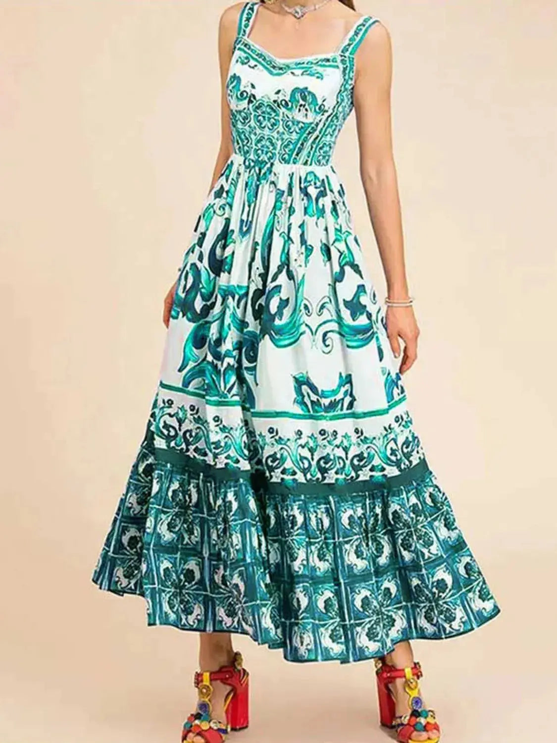 Smocked Blue Tile Print Wide Strap Midi Dress - Be Bliss Boutique