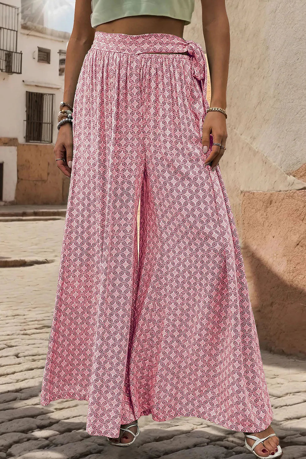 Printed Tied Wide Leg Pants - Be Bliss Boutique