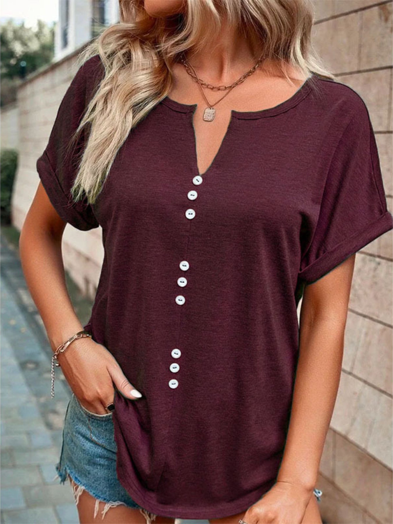Full Size Decor Button Short Sleeve T Shirt - Be Bliss Boutique
