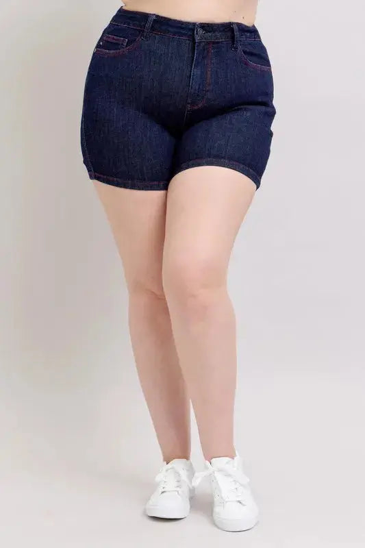 Judy Blue Jeans - Plus Size High Waist Heart Shaped Pockets Denim Shorts with Red Contrast Thread - Be Bliss Boutique