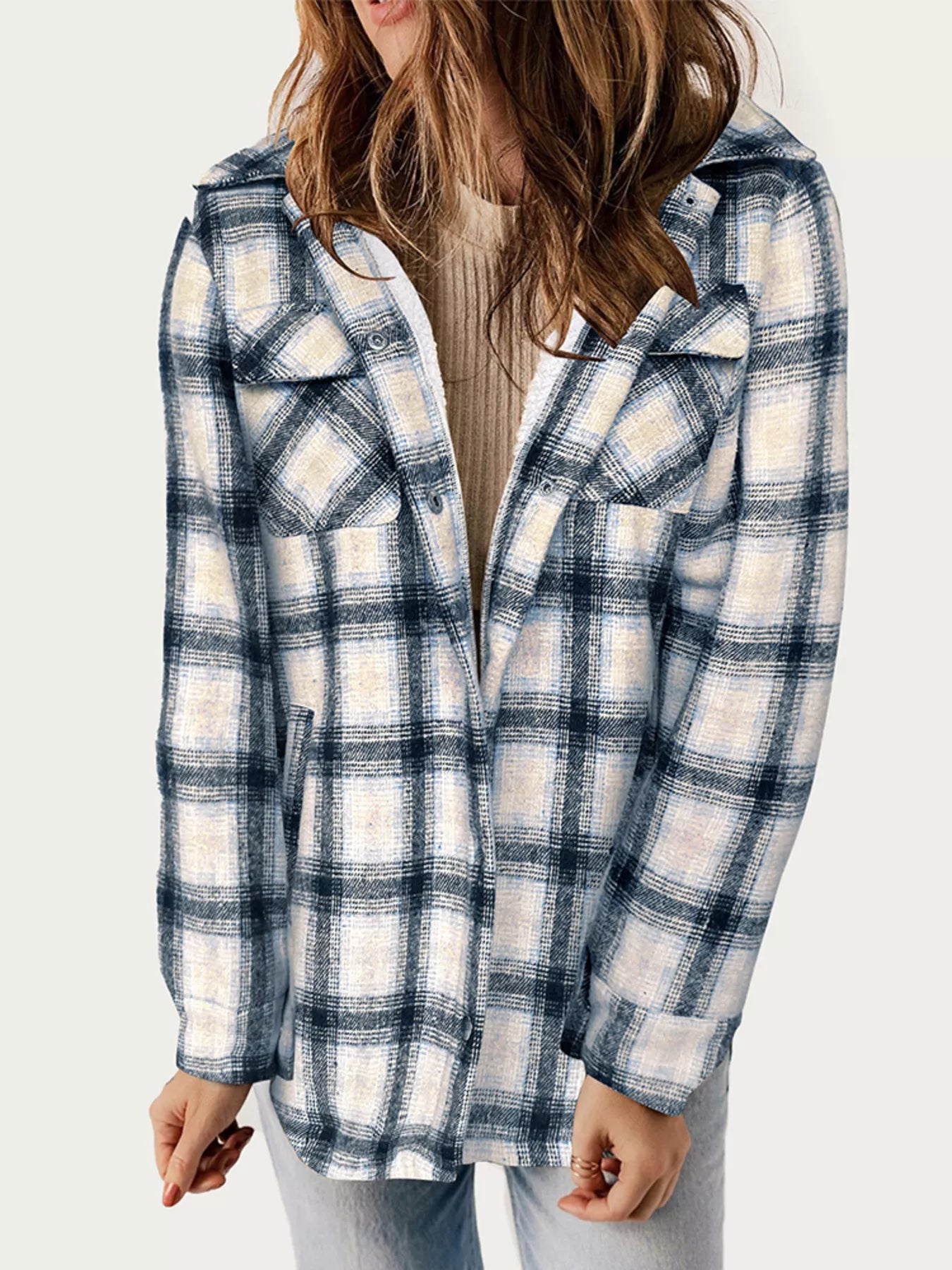 Oversized Plaid Long Sleeve Fleece Jacket -  Be Bliss Boutique