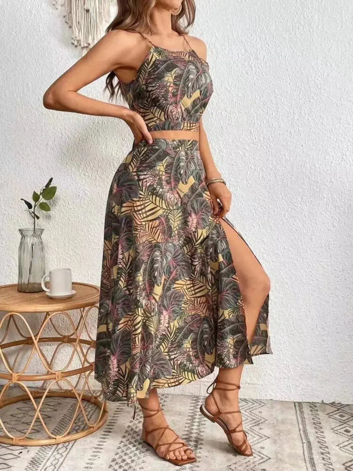 Tropical Leaf Print Two Piece Midi Skirt Set - Be Bliss Boutique