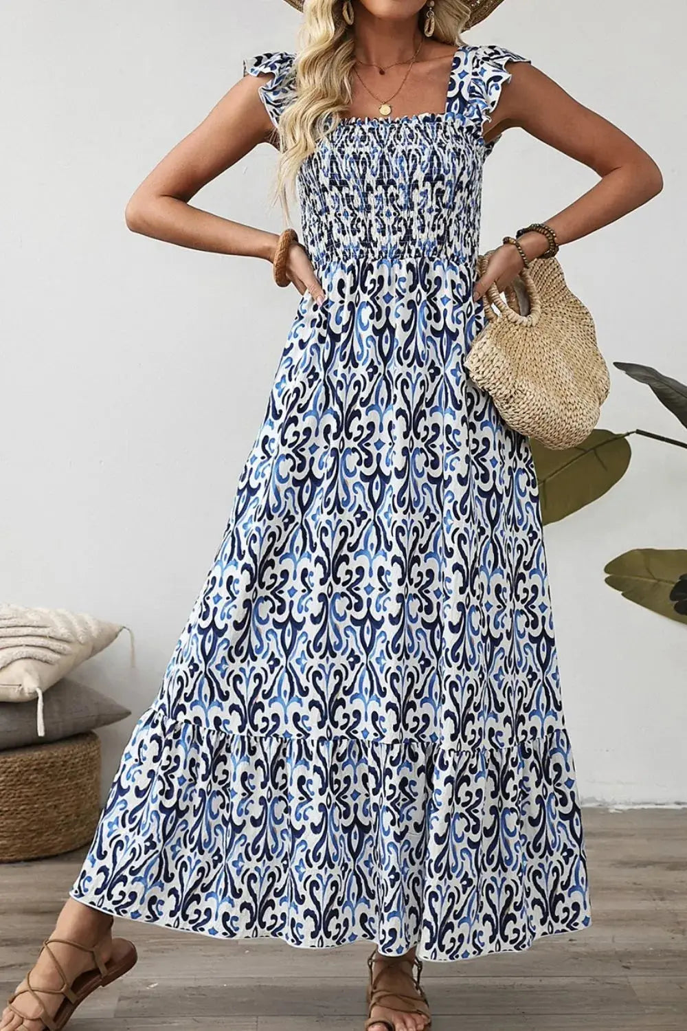 Smocked Printed Square Neck Boho Tiered Midi Dress - Be Bliss Boutique