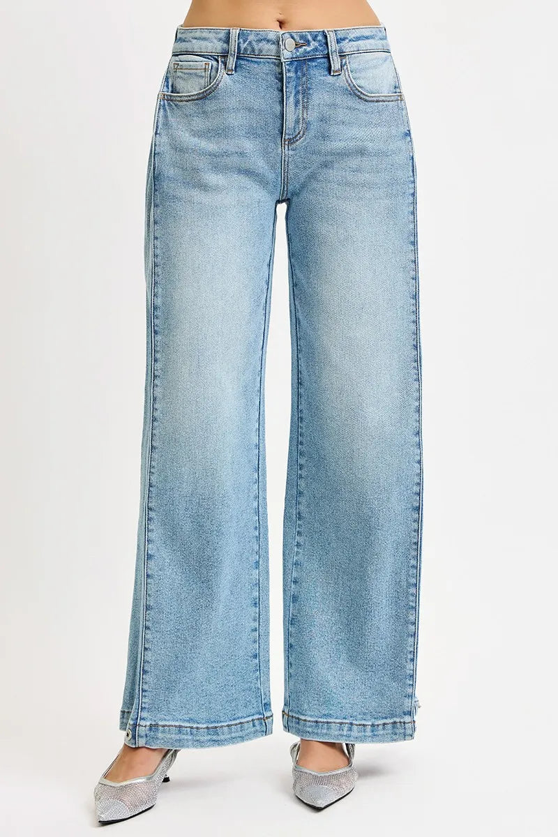 RISEN Jeans - Mid Rise Wide Barrel Transferable Leg Snap Jeans - Be Bliss Boutique