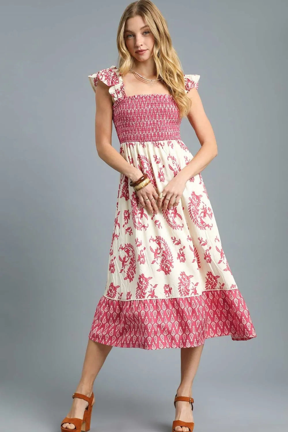 Umgee Boho Printed Smocked Ruffled Midi Dress - Be Bliss Boutique