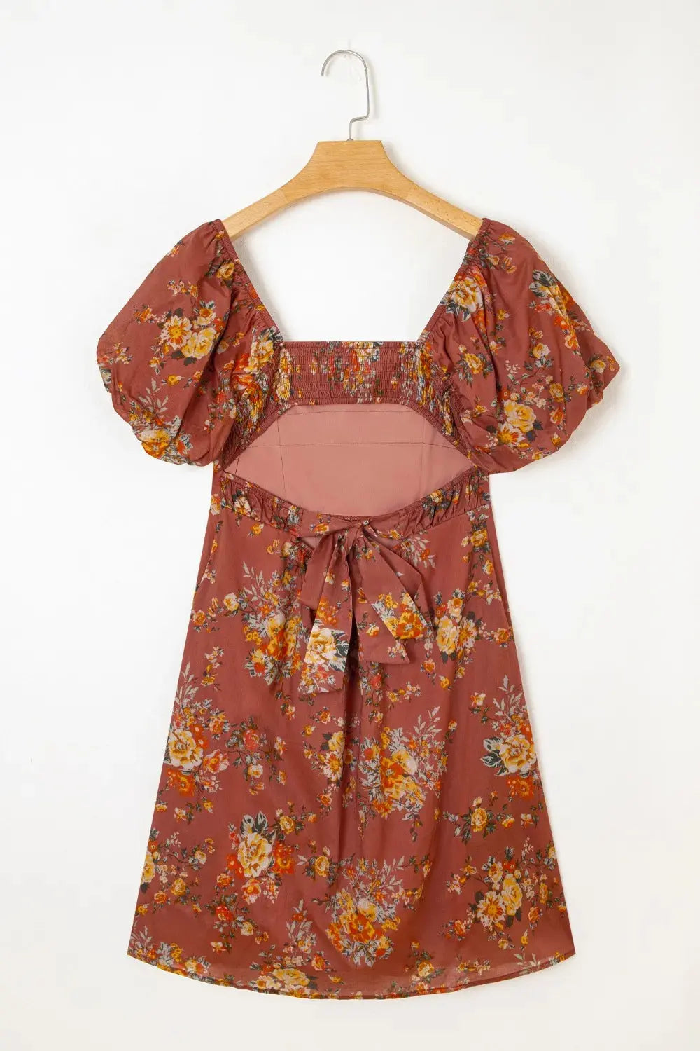 Floral Puff Sleeve Square Neck Knot Open Back Mini Dress - Be Bliss Boutique