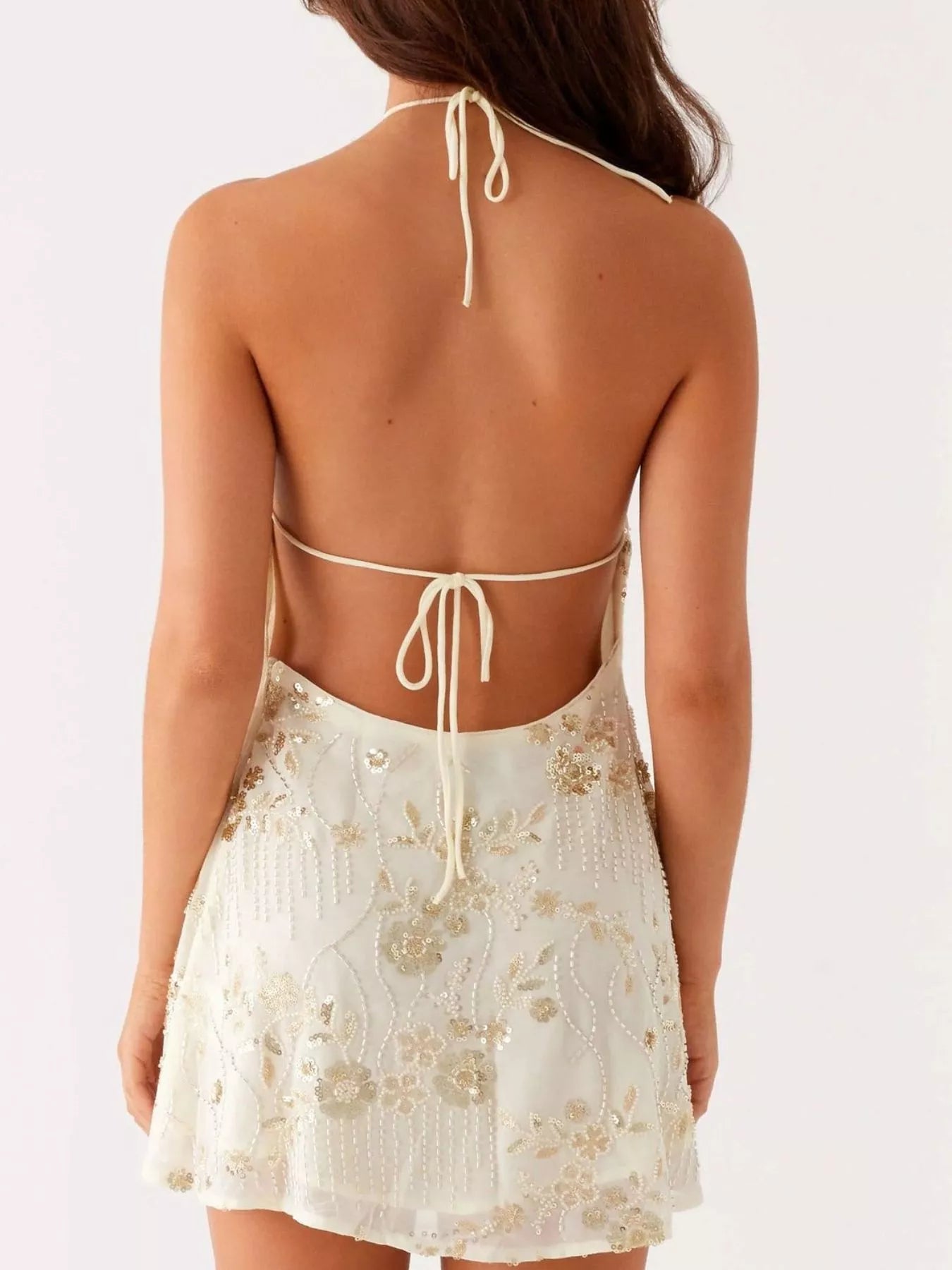 Backless Embroidered Halter Neck Mini Dress - Be Bliss Boutique