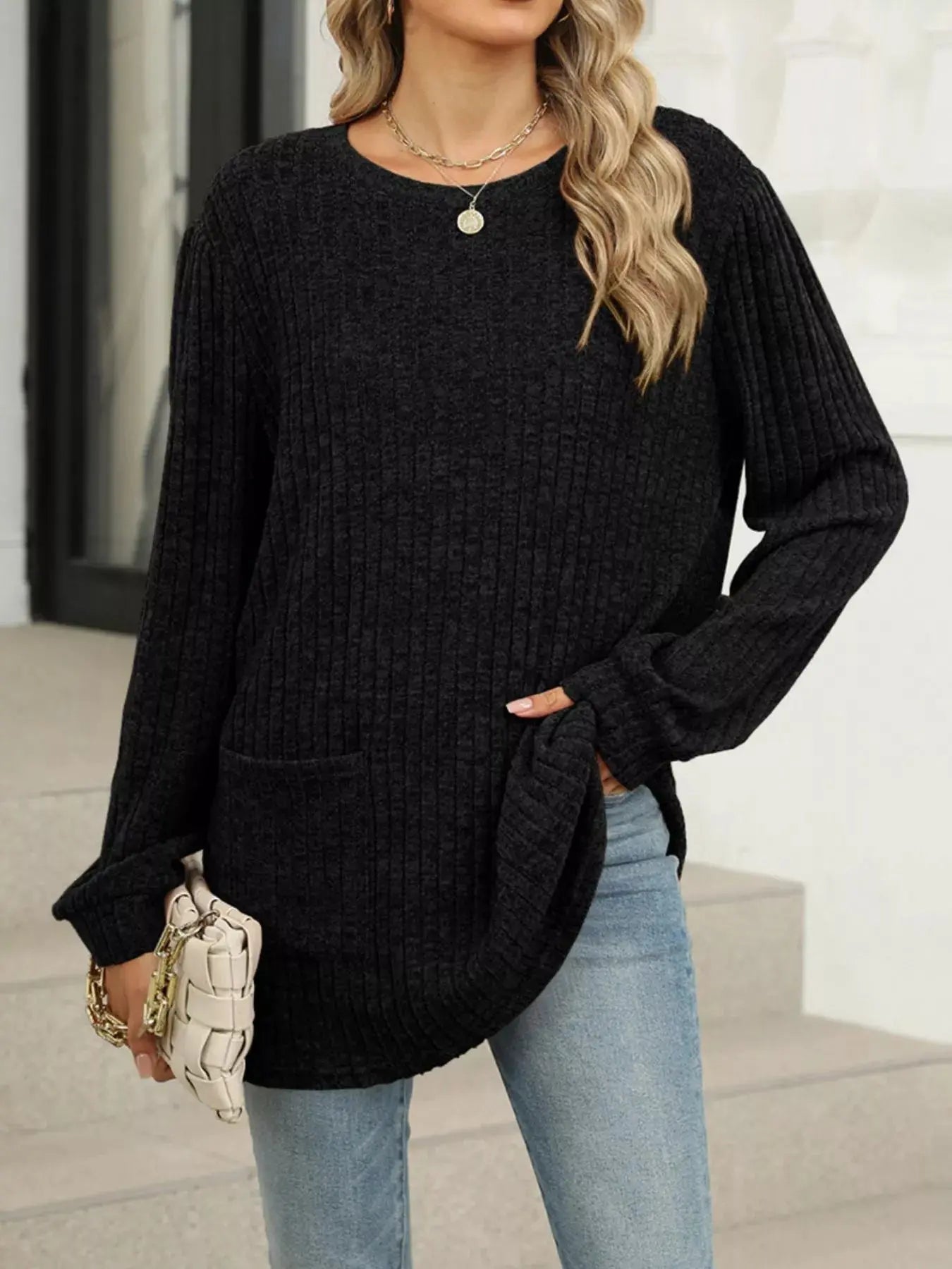 Cozy Ribbed Knit Long Sleeve Tunic Top with Pockets - Be Bliss Boutique