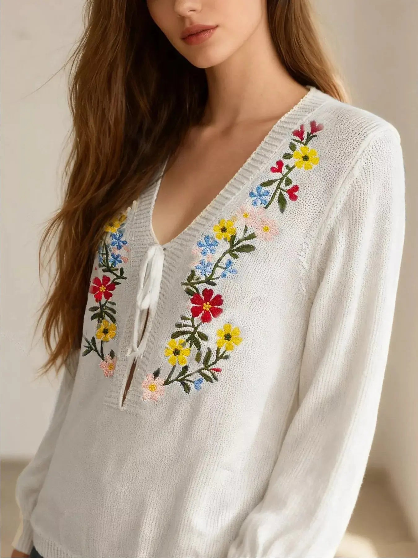 Floral Embroidered V Neck Sweater - Be Bliss Boutique