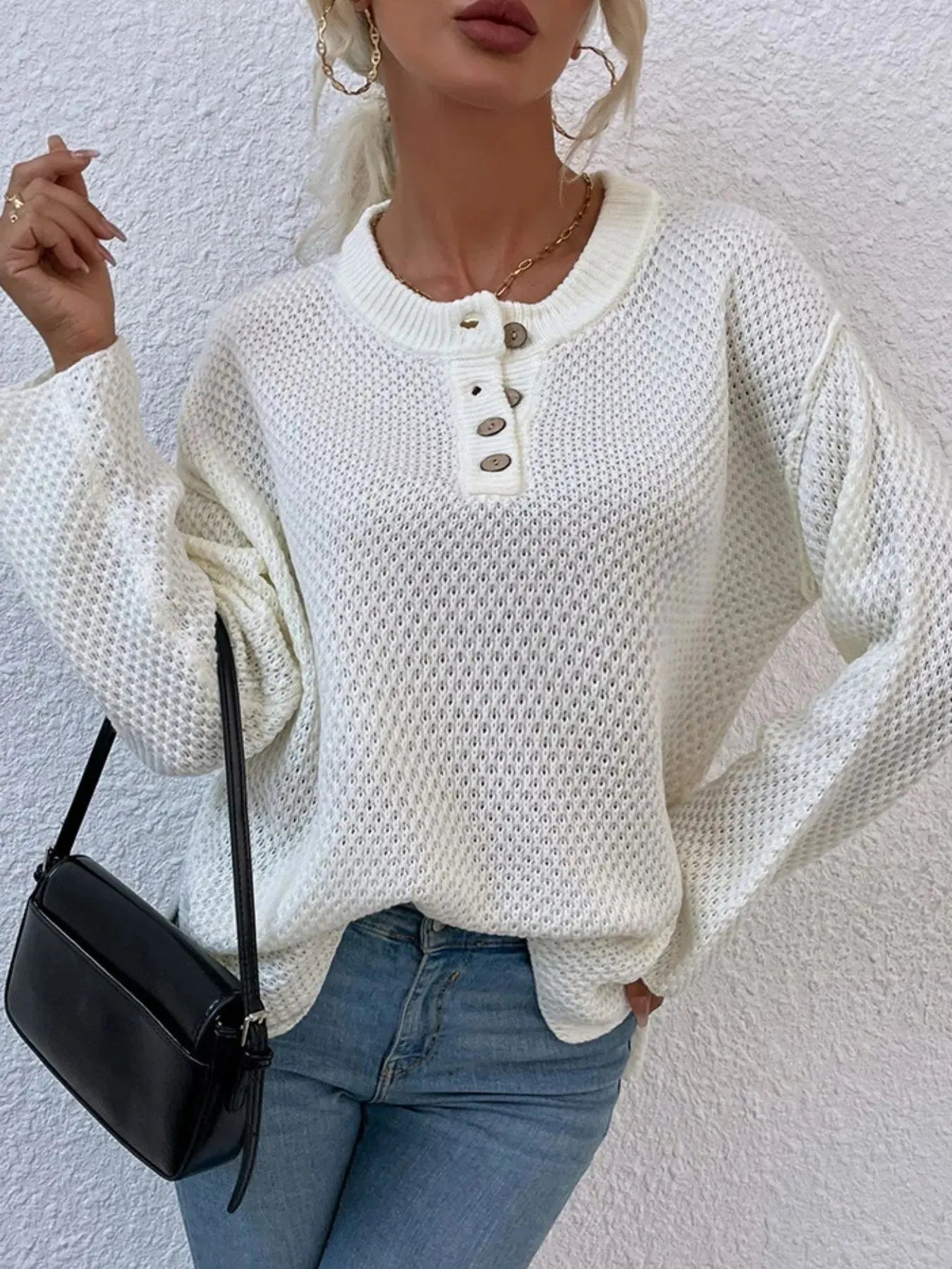 Waffle-Knit Button Detail Long Sleeve Knit Top - Be Bliss Boutique
