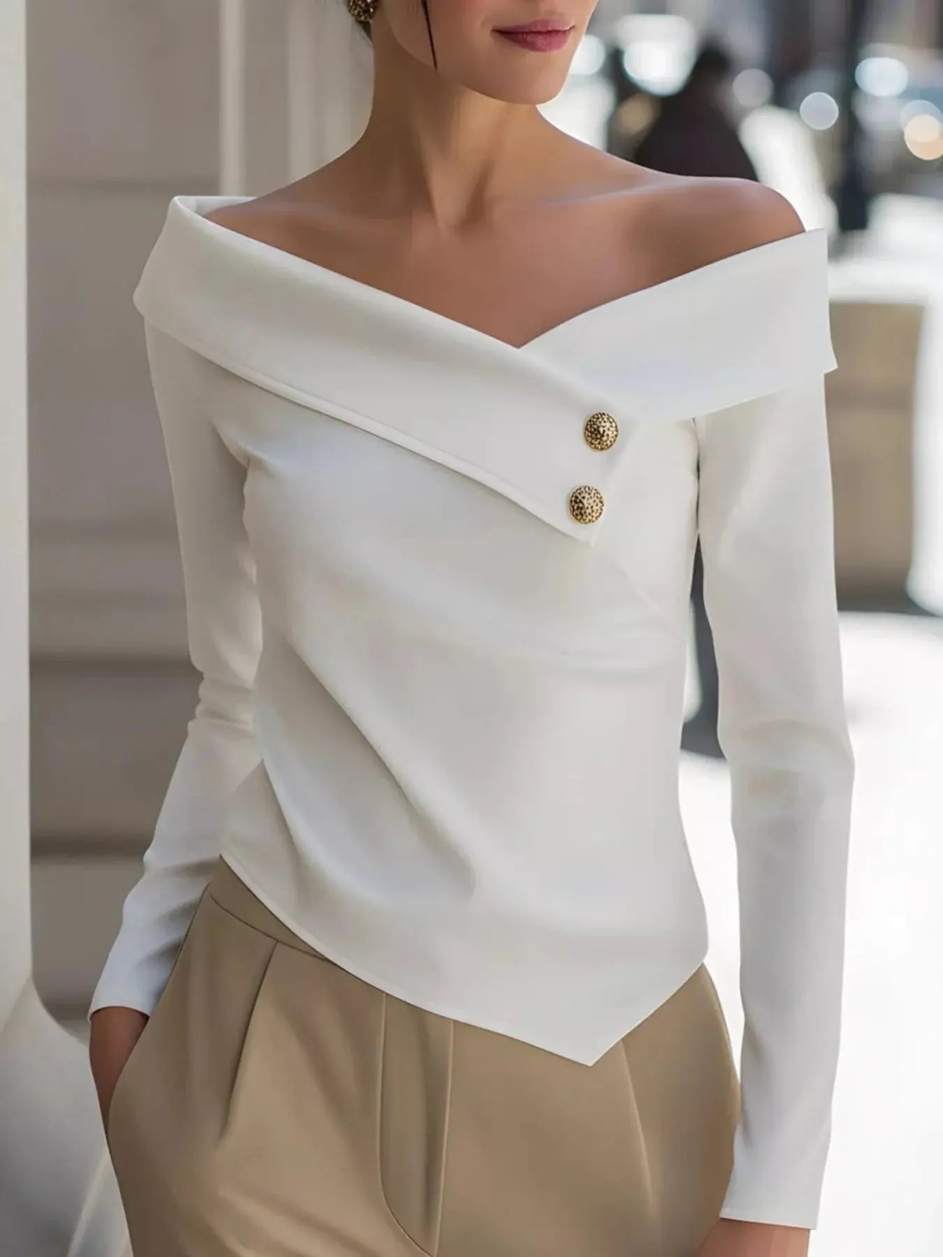 Decorative Button Off Shoulder Blouse - Be Bliss Boutique