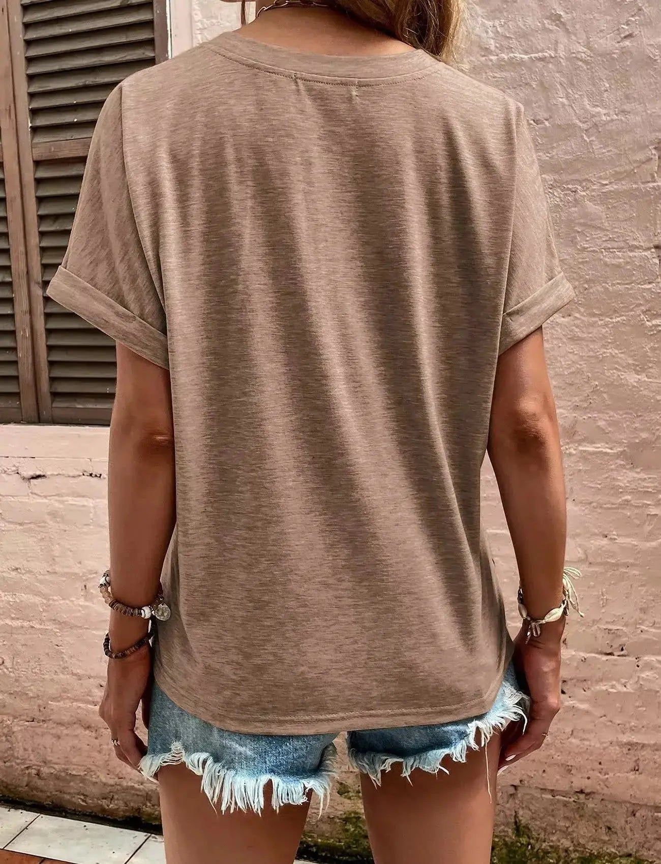 Full Size Notched Rolled Short Sleeve T Shirt - Be Bliss Boutique