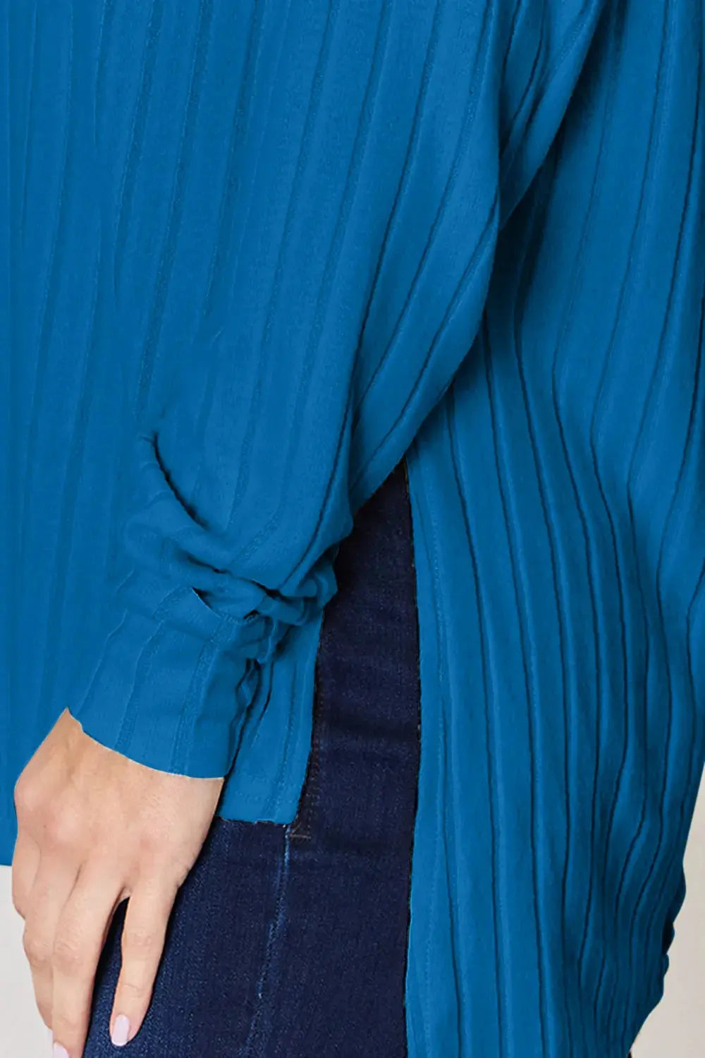 Basic Bae Ribbed Round Neck Slit Womens Long Sleeve T Shirt – Full & Plus Size - Be Bliss Boutique