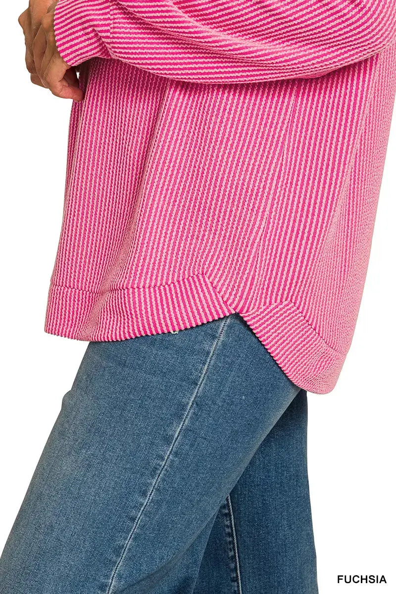 Zenana Plus Size Raised Rib Round Neck Long Sleeve Top - Be Bliss Boutique