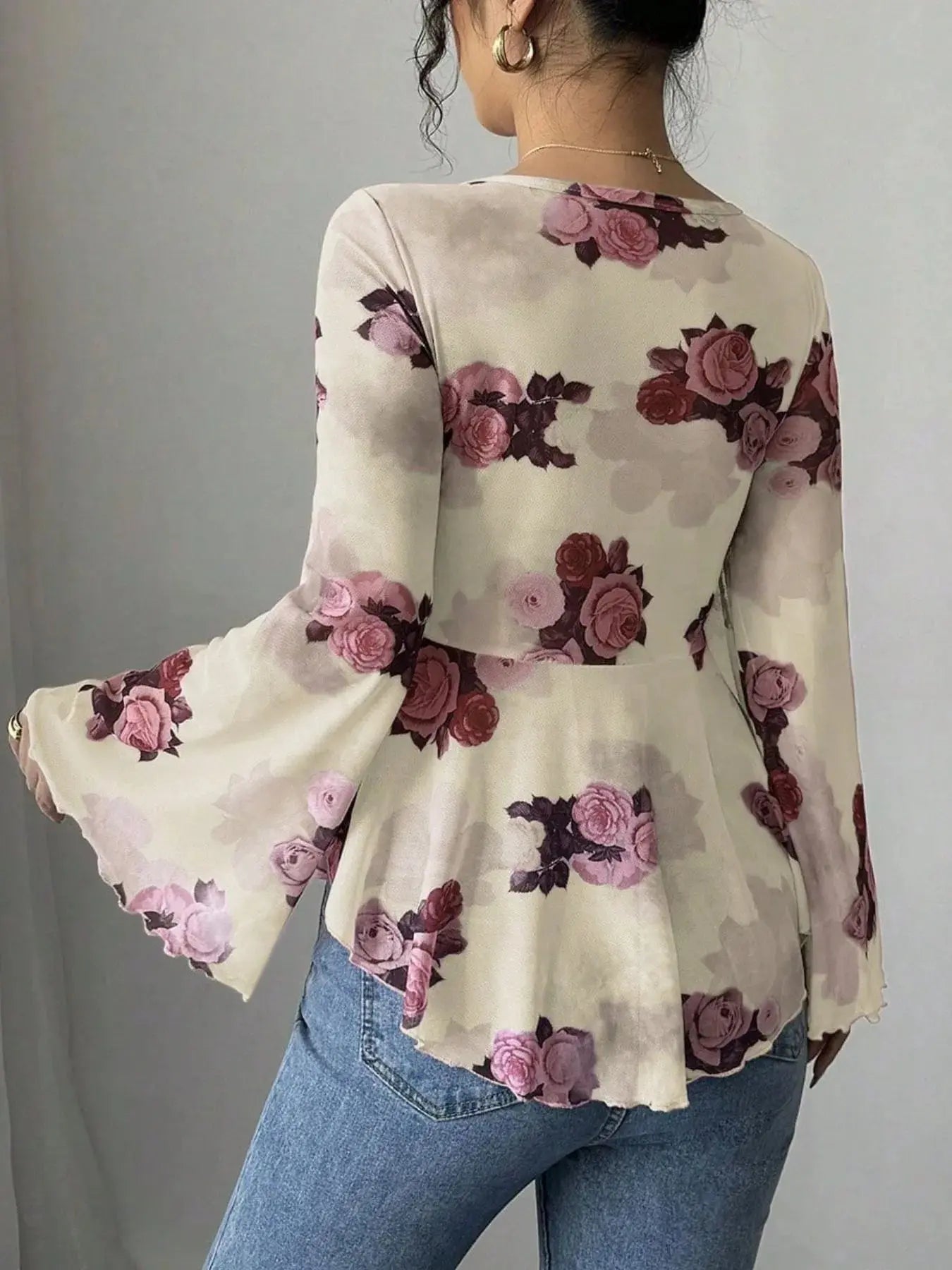 Floral Tie Front Flare Sleeve Blouse - Be Bliss Boutique