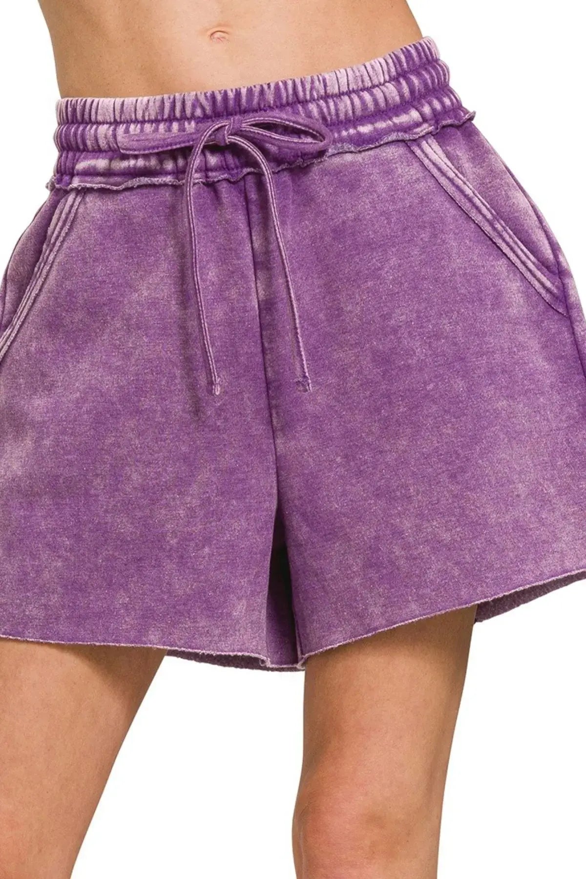 Zenana Purple Acid Wash Fleece Drawstring Shorts with Pockets - Be Bliss Boutique