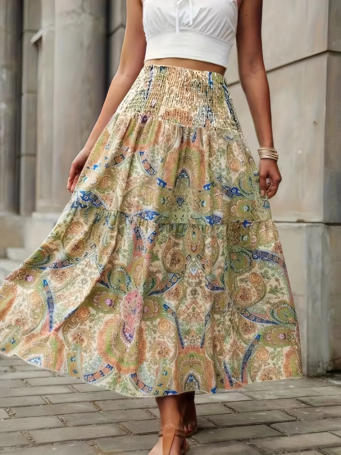 Smocked High Waist Maxi Boho Skirt – Printed Flowy Summer Skirt - Be Bliss Boutique