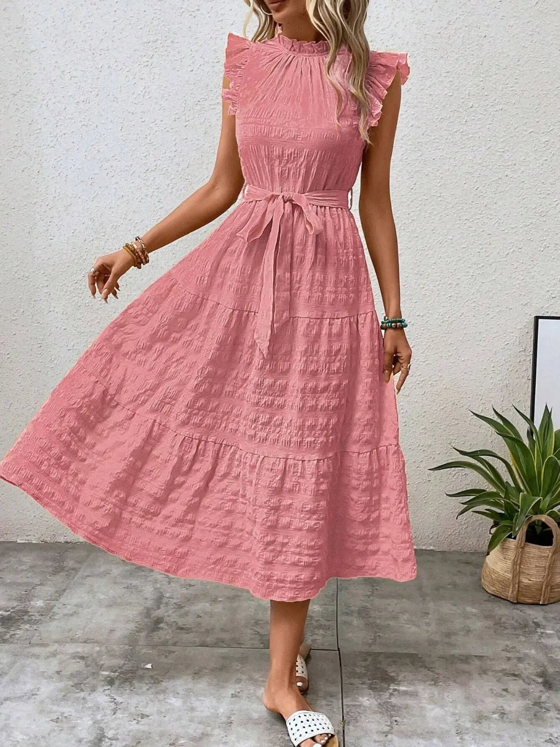 Tied Ruffled Cap Sleeve Midi Dress - Be Bliss Boutique