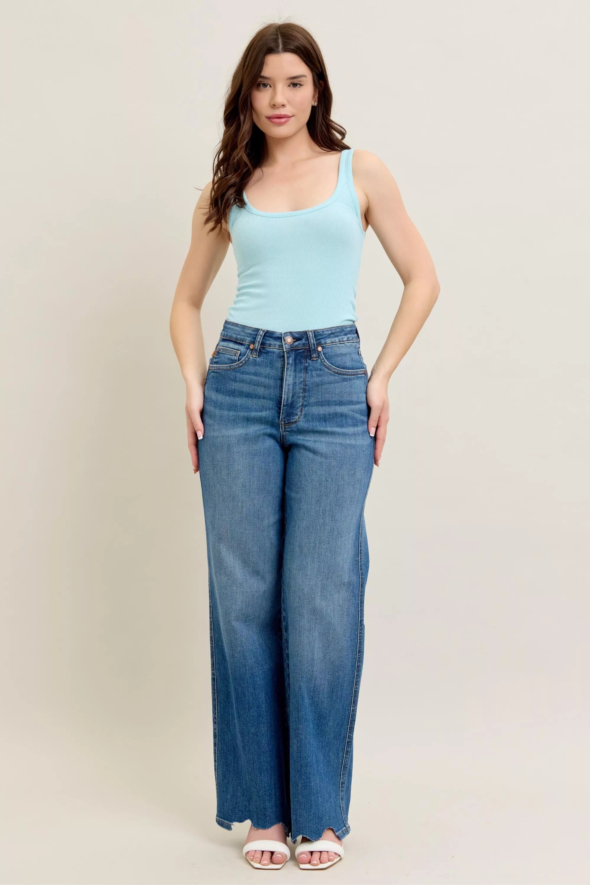 Judy Blue Full Size High Waist Tummy Control Chew Hem Destroy Wide Jeans Plus Size - Be Bliss Boutique