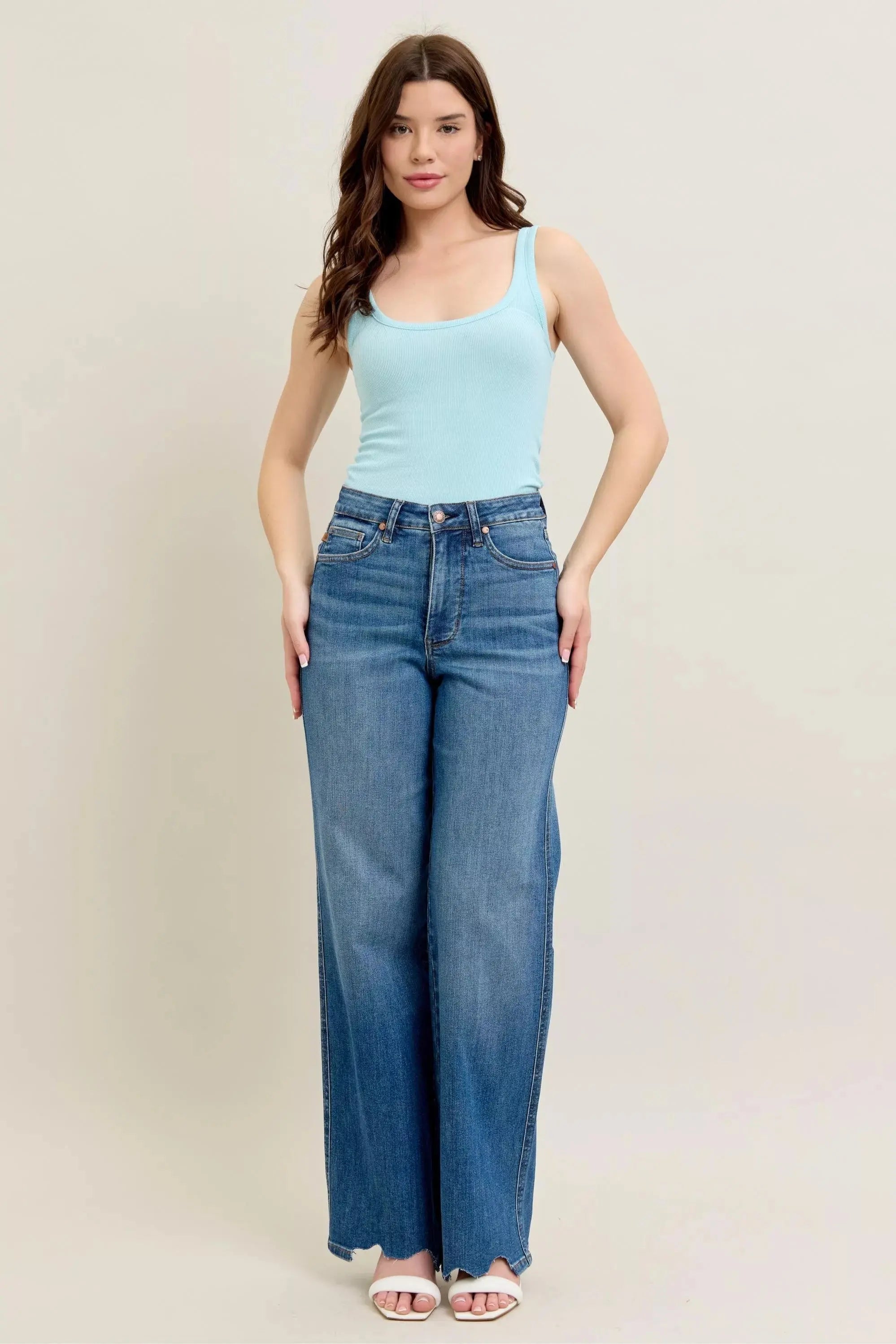 Judy Blue Full Size High Waist Tummy Control Destroy Wide Leg Jeans with Chew Hem - Be Bliss Boutique
