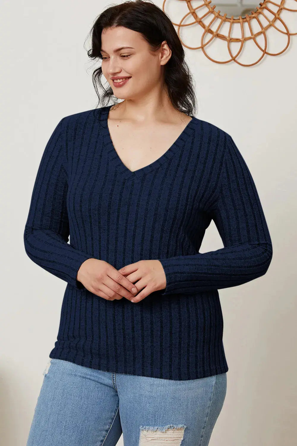 Basic Bae Full Size Ribbed V-Neck Long Sleeve T Shirt for Women - Be Bliss Boutique