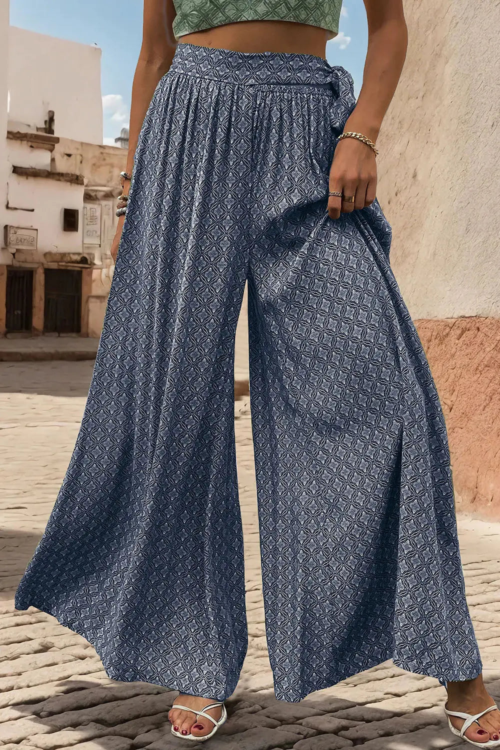 Printed Tied Wide Leg Pants - Be Bliss Boutique